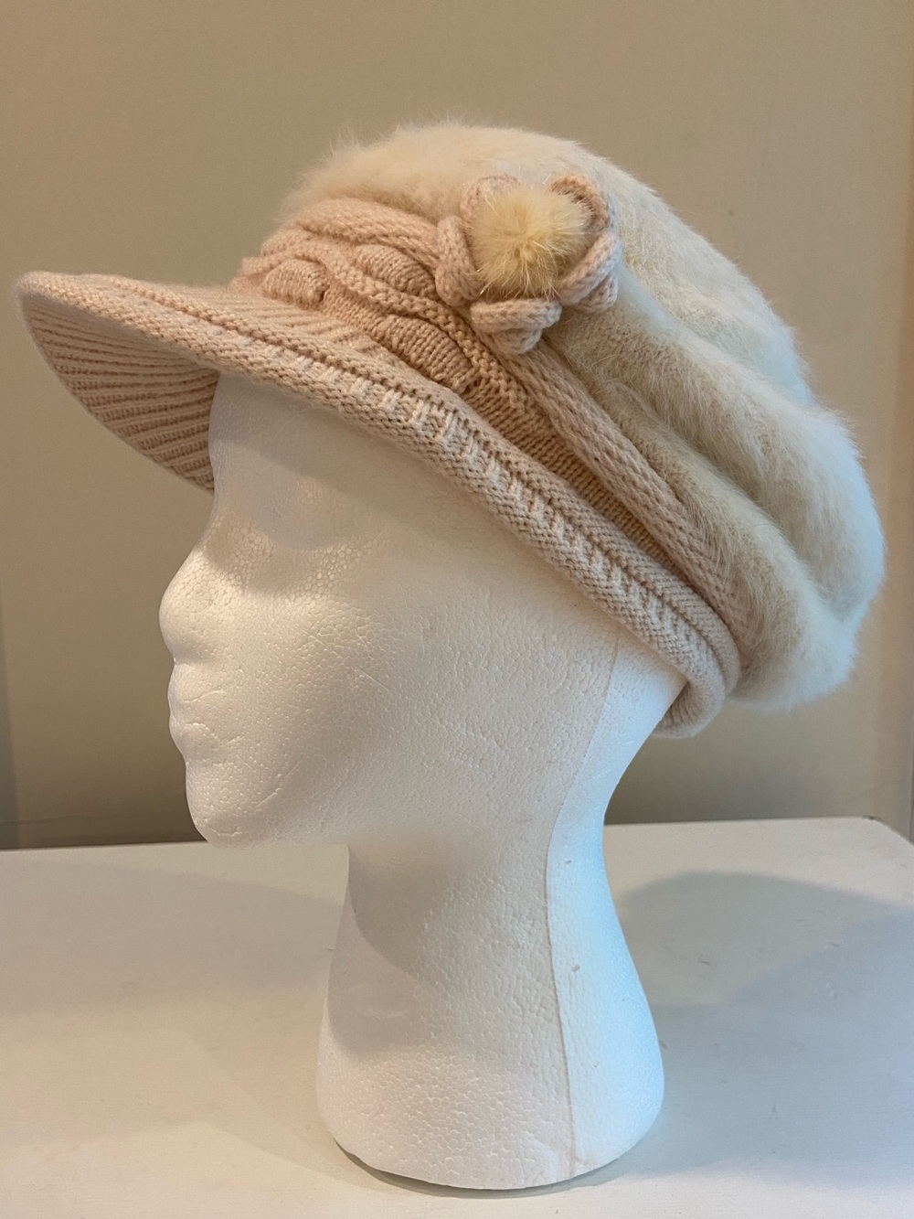 Vintage Angora blend and Knit cream Hat with Rabbit Fur Pom Flower